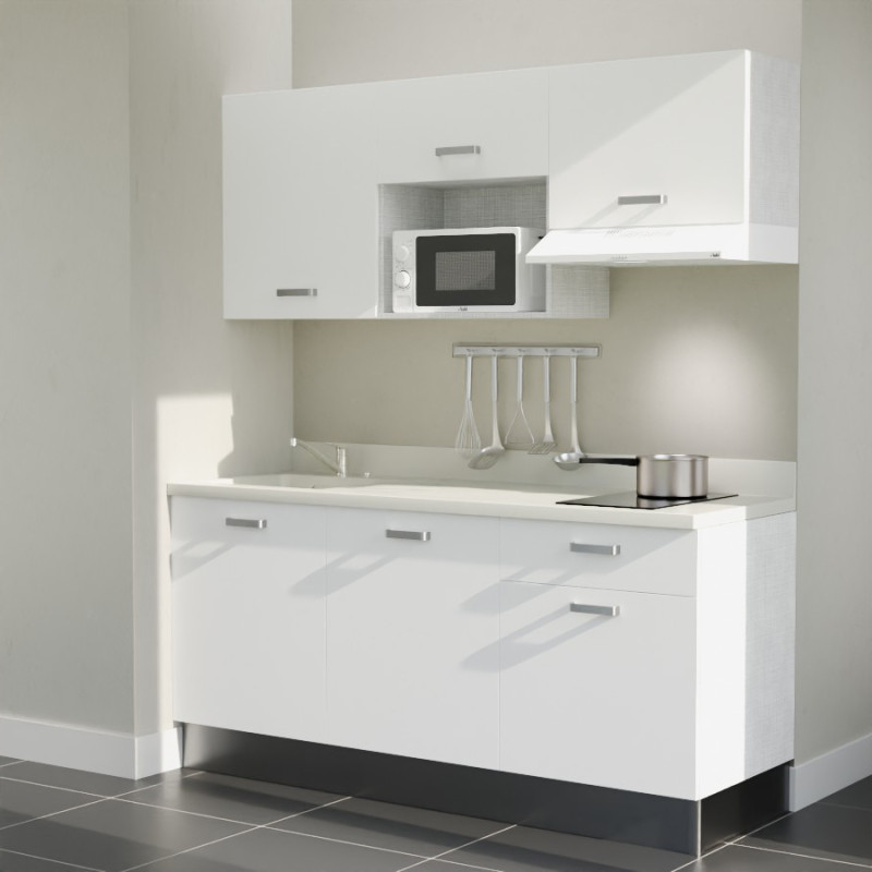 Kitchenette K30L équipée avec électroménager blanc inclus - façades blanches, plan travail blanc évier à gauche Kitchenette K30L équipée avec électroménager blanc inclus - façades blanches, plan travail blanc évier à gauche