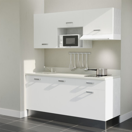 Kitchenette K30L équipée avec électroménager blanc inclus - façades blanches, plan travail blanc évier à gauche