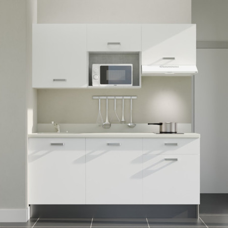 Kitchenette K30L équipée avec électroménager blanc inclus - façades blanches, plan travail blanc évier à gauche