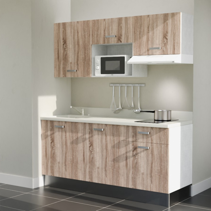 Kitchenette K30L équipée avec électroménager blanc inclus - façades bois, plan travail blanc évier à gauche Kitchenette K30L équipée avec électroménager blanc inclus - façades bois, plan travail blanc évier à gauche