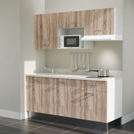Kitchenette K30L équipée avec électroménager blanc inclus - façades bois, plan travail blanc évier à gauche
