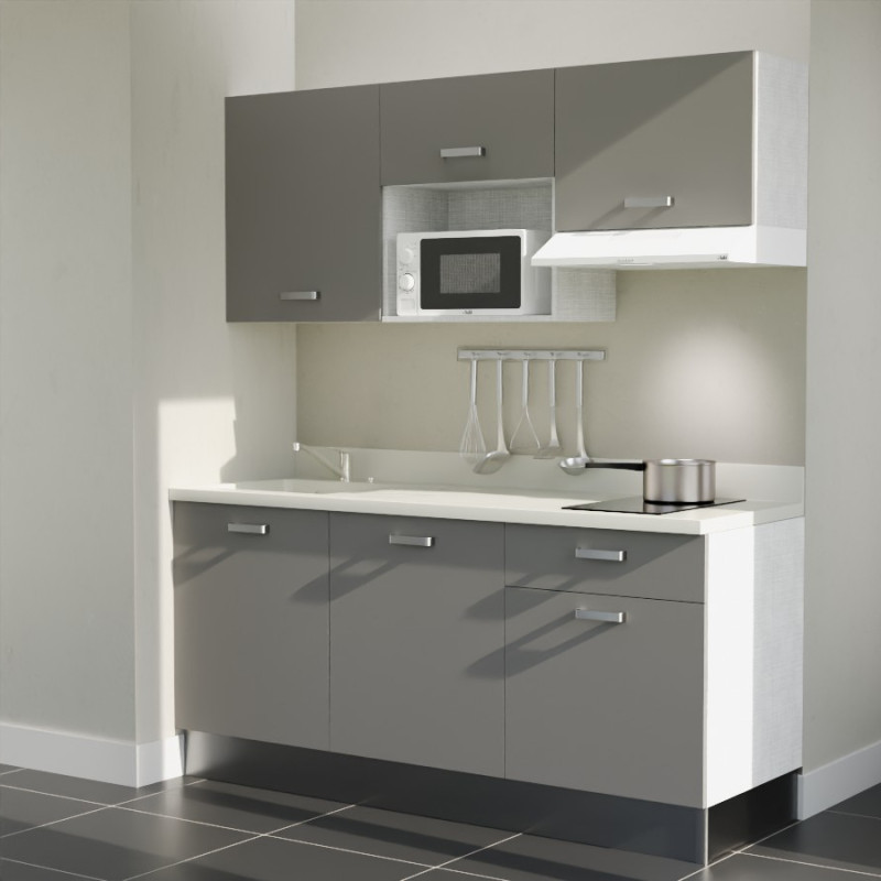 Kitchenette K30L équipée avec électroménager blanc inclus - façades grises, plan travail blanc évier à gauche Kitchenette K30L équipée avec électroménager blanc inclus - façades grises, plan travail blanc évier à gauche