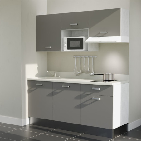 Kitchenette K30L équipée avec électroménager blanc inclus - façades grises, plan travail blanc évier à gauche