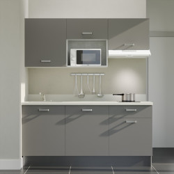 Kitchenette K30L équipée avec électroménager blanc inclus - façades grises, plan travail blanc évier à gauche