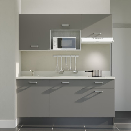 Kitchenette K30L équipée avec électroménager blanc inclus - façades grises, plan travail blanc évier à gauche
