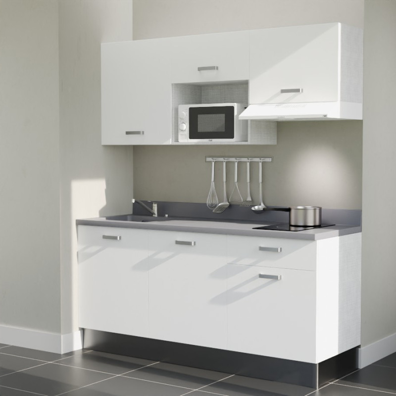 Kitchenette K30L équipée avec électroménager blanc inclus - façades blanches, plan travail gris évier à gauche Kitchenette K30L équipée avec électroménager blanc inclus - façades blanches, plan travail gris évier à gauche