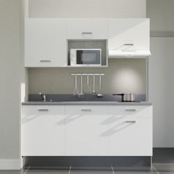 Kitchenette K30L équipée avec électroménager blanc inclus - façades blanches, plan travail gris évier à gauche