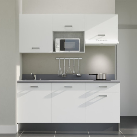 Kitchenette K30L équipée avec électroménager blanc inclus - façades blanches, plan travail gris évier à gauche