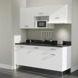 Kitchenette K30L équipée avec électroménager blanc inclus - façades blanches, plan travail noir évier à gauche