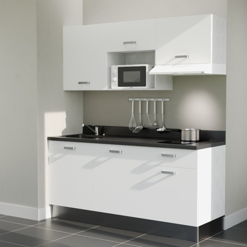 Kitchenette K30L équipée avec électroménager blanc inclus - façades blanches, plan travail noir évier à gauche Kitchenette K30L équipée avec électroménager blanc inclus - façades blanches, plan travail noir évier à gauche