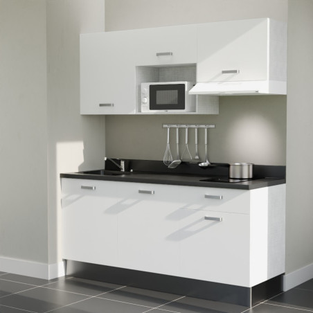 Kitchenette K30L équipée avec électroménager blanc inclus - façades blanches, plan travail noir évier à gauche