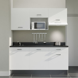Kitchenette K30L équipée avec électroménager blanc inclus - façades blanches, plan travail noir évier à gauche