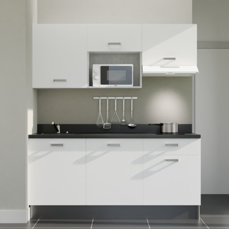 Kitchenette K30L équipée avec électroménager blanc inclus - façades blanches, plan travail noir évier à gauche