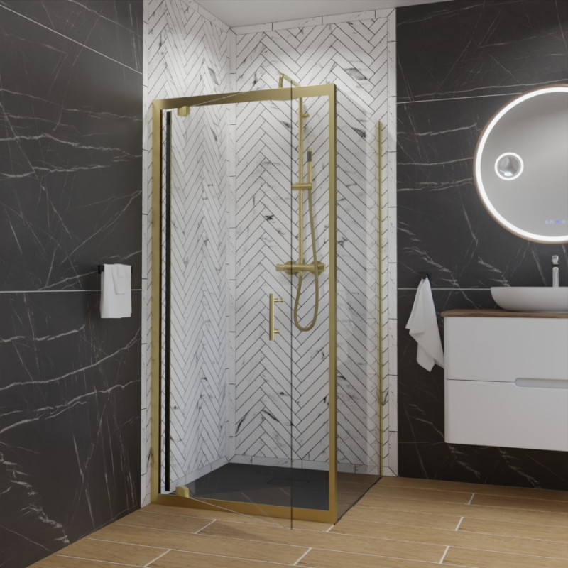 Paroi de douche d'angle porte pivotante GOLDY 90 x 90 cm - Profilé doré - Verre 6 mm Paroi de douche d'angle porte pivotante GOLDY 90 x 90 cm - Profilé doré - Verre 6 mm