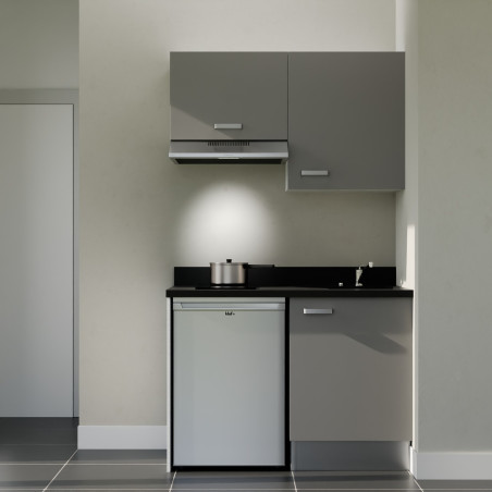 Kitchenette K01L - 120 cm - Cuisine équipée gris, planiquartz nero évier à droite avec électroménager gris inclus