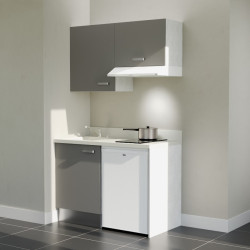 Kitchenette K01L - 120 cm - Cuisine équipée gris, planiquartz snova évier à gauche avec électroménager blanc inclus