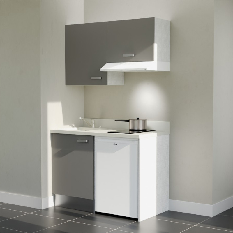 Kitchenette K01L - 120 cm - Cuisine équipée gris, planiquartz snova évier à gauche avec électroménager blanc inclus Kitchenette K01L - 120 cm - Cuisine équipée gris, planiquartz snova évier à gauche avec électroménager blanc inclus