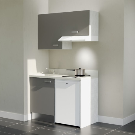Kitchenette K01L - 120 cm - Cuisine équipée gris, planiquartz snova évier à gauche avec électroménager blanc inclus