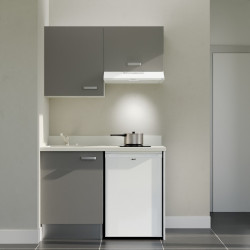 Kitchenette K01L - 120 cm - Cuisine équipée gris, planiquartz snova évier à gauche avec électroménager blanc inclus