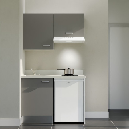Kitchenette K01L - 120 cm - Cuisine équipée gris, planiquartz snova évier à gauche avec électroménager blanc inclus