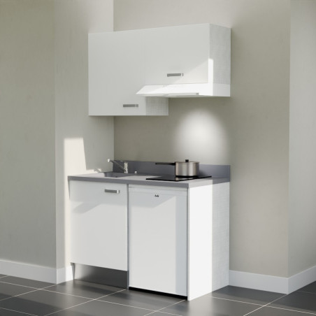 Kitchenette K01L - 120 cm - Cuisine équipée blanc, planiquartz cromo évier à gauche avec électroménager blanc inclus