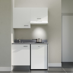 Kitchenette K01L - 120 cm - Cuisine équipée blanc, planiquartz cromo évier à gauche avec électroménager blanc inclus