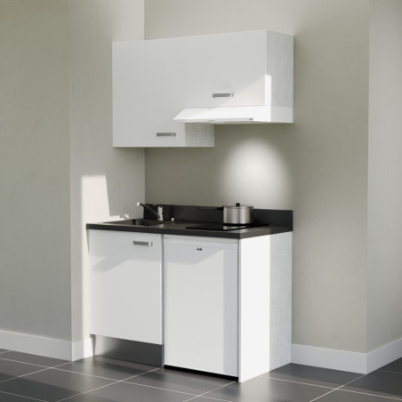 Kitchenette K01L - 120 cm - Cuisine équipée blanc, planiquartz nero évier à gauche avec électroménager blanc inclus