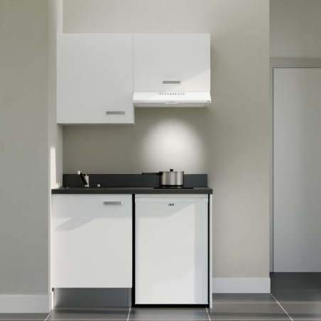 Kitchenette K01L - 120 cm - Cuisine équipée blanc, planiquartz nero évier à gauche avec électroménager blanc inclus