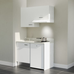 Kitchenette K01L - 120 cm - Cuisine équipée blanc, planiquartz snova évier à gauche avec électroménager blanc inclus