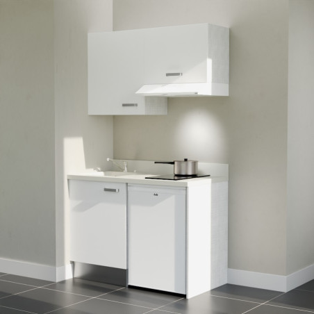Kitchenette K01L - 120 cm - Cuisine équipée blanc, planiquartz snova évier à gauche avec électroménager blanc inclus