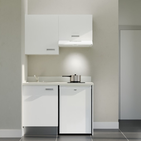 Kitchenette K01L - 120 cm - Cuisine équipée blanc, planiquartz snova évier à gauche avec électroménager blanc inclus