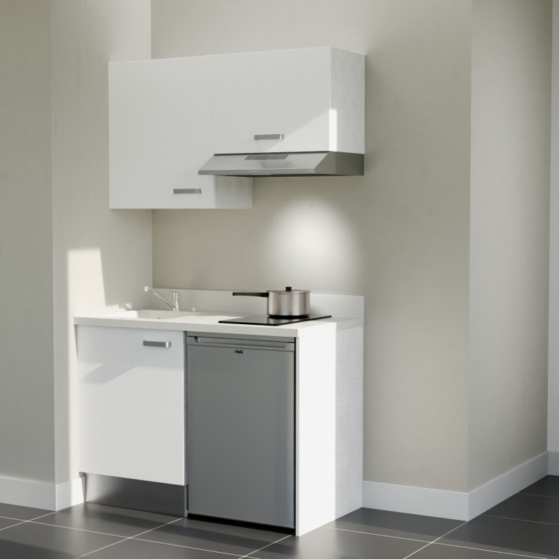 Kitchenette K01L - 120 cm - Cuisine équipée blanc, planiquartz snova évier à gauche avec électroménager inox inclus Kitchenette K01L - 120 cm - Cuisine équipée blanc, planiquartz snova évier à gauche avec électroménager inox inclus