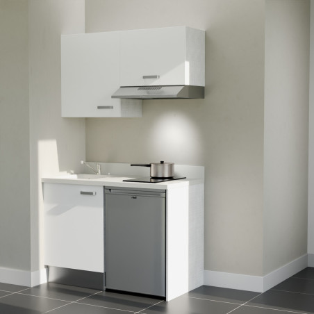 Kitchenette K01L - 120 cm - Cuisine équipée blanc, planiquartz snova évier à gauche avec électroménager inox inclus