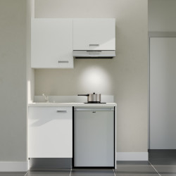 Kitchenette K01L - 120 cm - Cuisine équipée blanc, planiquartz snova évier à gauche avec électroménager inox inclus