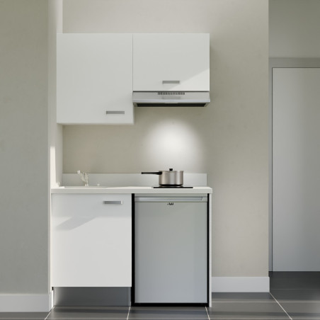 Kitchenette K01L - 120 cm - Cuisine équipée blanc, planiquartz snova évier à gauche avec électroménager inox inclus