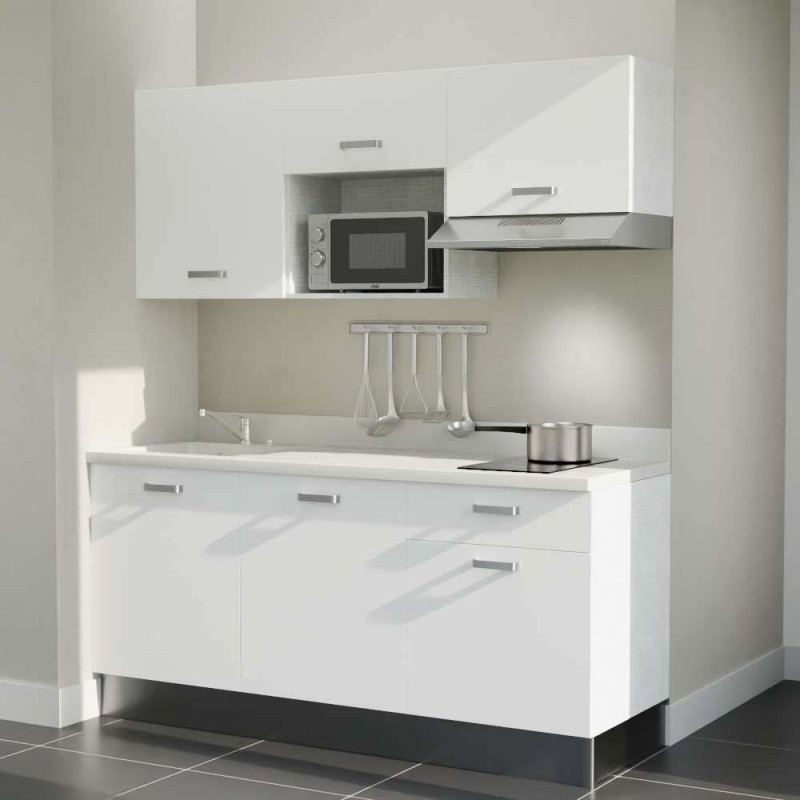 Kitchenette K30L équipée avec électroménager inox inclus - façades blanches, plan travail blanc évier à gauche Kitchenette K30L équipée avec électroménager inox inclus - façades blanches, plan travail blanc évier à gauche