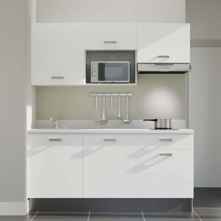 Kitchenette K30L équipée avec électroménager inox inclus - façades blanches, plan travail blanc évier à gauche