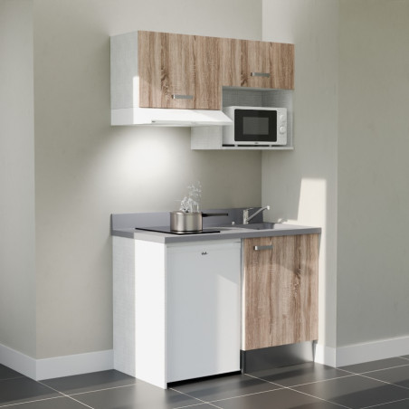 Kitchenette 120 cm K02L équipée avec électroménager blanc inclus - façades bois, plan travail gris évier à droite