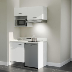 Kitchenette 120 cm K02L équipée avec électroménager inox inclus - façades blanches, plan travail blanc évier à gauche
