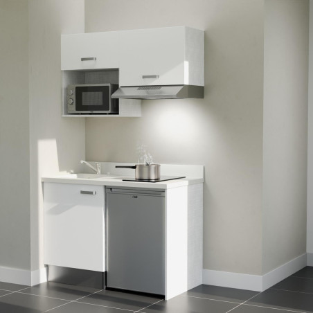 Kitchenette 120 cm K02L équipée avec électroménager inox inclus - façades blanches, plan travail blanc évier à gauche