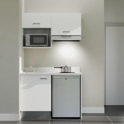 Kitchenette 120 cm K02L équipée avec électroménager inox inclus - façades blanches, plan travail blanc évier à gauche