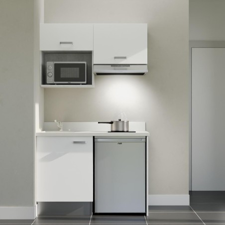 Kitchenette 120 cm K02L équipée avec électroménager inox inclus - façades blanches, plan travail blanc évier à gauche