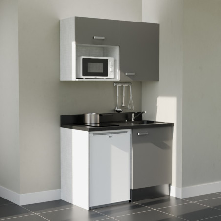 Kitchenette 120 cm K07L équipée avec électroménager blanc inclus - façades grises, plan travail noir évier à droite