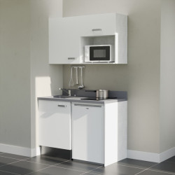 Kitchenette 120 cm K07L équipée avec électroménager blanc inclus - façades blanches, plan travail gris évier à gauche