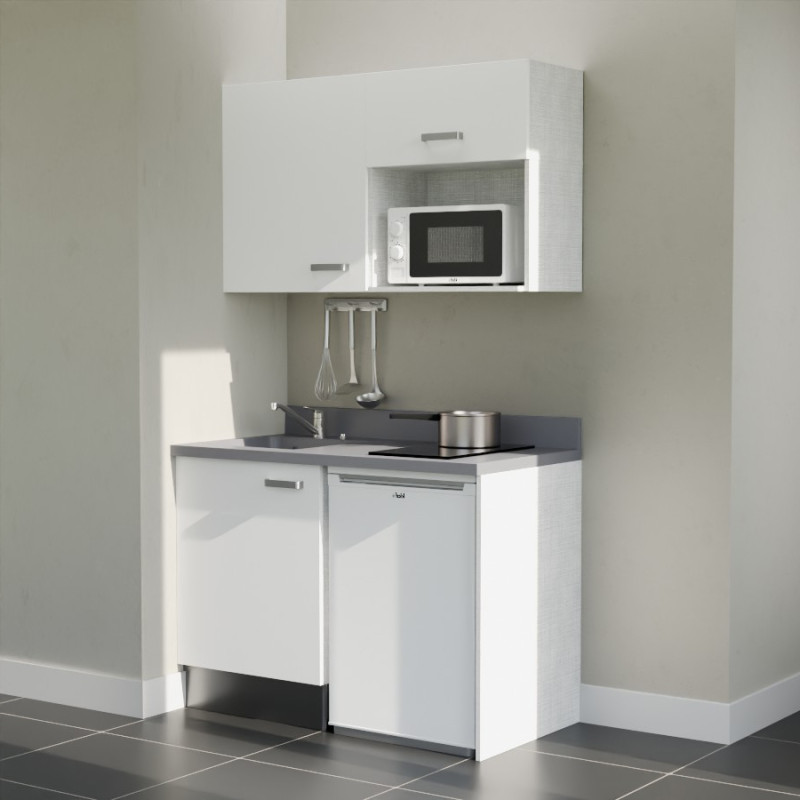 Kitchenette 120 cm K07L équipée avec électroménager blanc inclus - façades blanches, plan travail gris évier à gauche Kitchenette 120 cm K07L équipée avec électroménager blanc inclus - façades blanches, plan travail gris évier à gauche