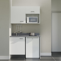 Kitchenette 120 cm K07L équipée avec électroménager blanc inclus - façades blanches, plan travail gris évier à gauche