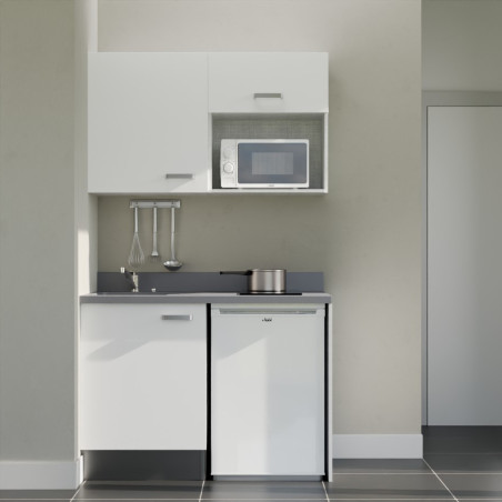 Kitchenette 120 cm K07L équipée avec électroménager blanc inclus - façades blanches, plan travail gris évier à gauche