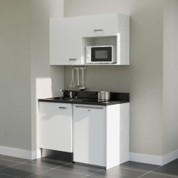 Kitchenette 120 cm K07L équipée avec électroménager blanc inclus - façades blanches, plan travail noir évier à gauche