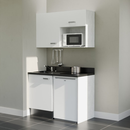 Kitchenette 120 cm K07L équipée avec électroménager blanc inclus - façades blanches, plan travail noir évier à gauche