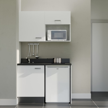 Kitchenette 120 cm K07L équipée avec électroménager blanc inclus - façades blanches, plan travail noir évier à gauche